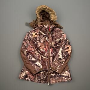 Cabelas Camo Jacket Women's Large Mossy Oak AGO Zip Up Hood Hunting W/HOOD